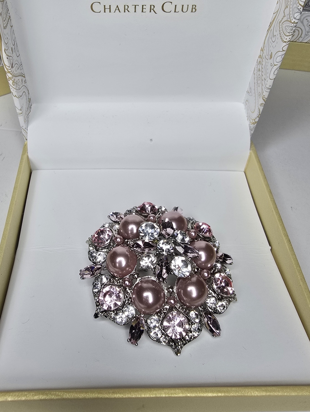 Charter Club Silver-Tone Crystal & Pink Imitation Pearl Cluster